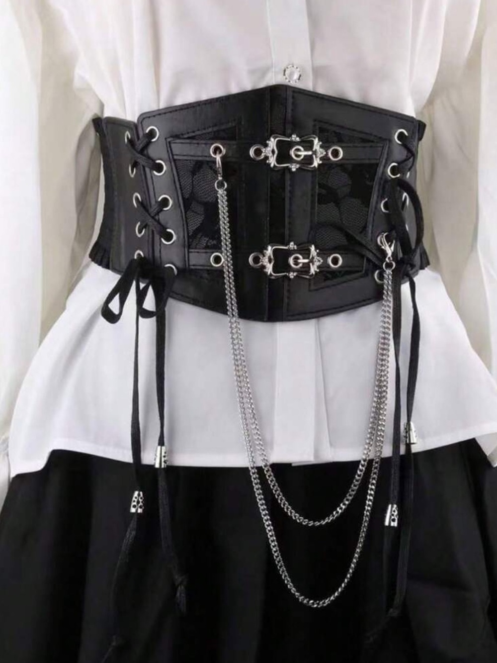 New black renaissance lace up chain gothic corset belt